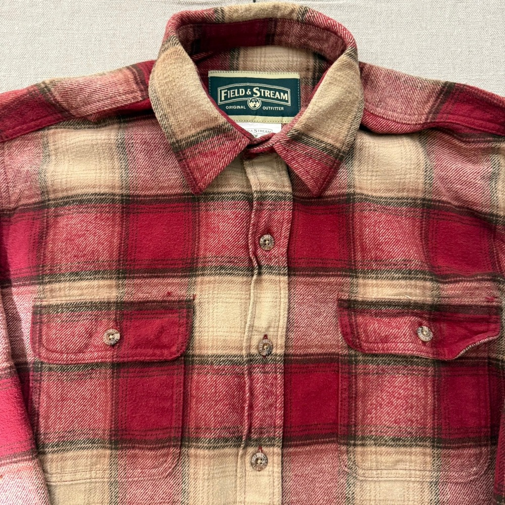 Field & Stream Mens L-Tall Flannel Shirt Red Plaid Cotton Button Down Long Slv